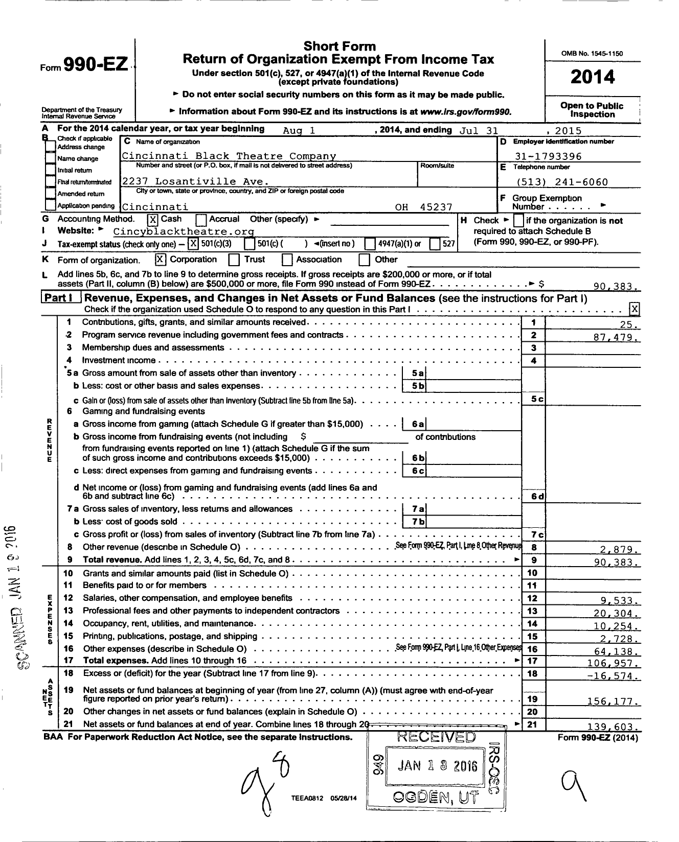 Image of first page of 2014 Form 990EZ for Cincinnati Black Theatre Company