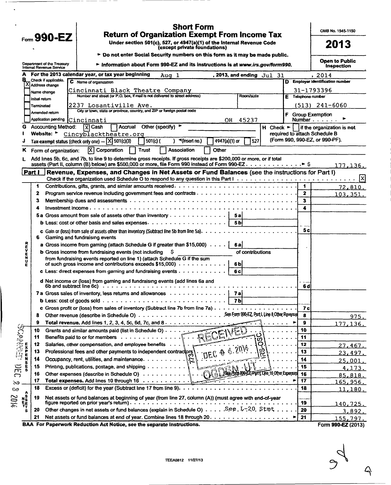 Image of first page of 2013 Form 990EZ for Cincinnati Black Theatre Company