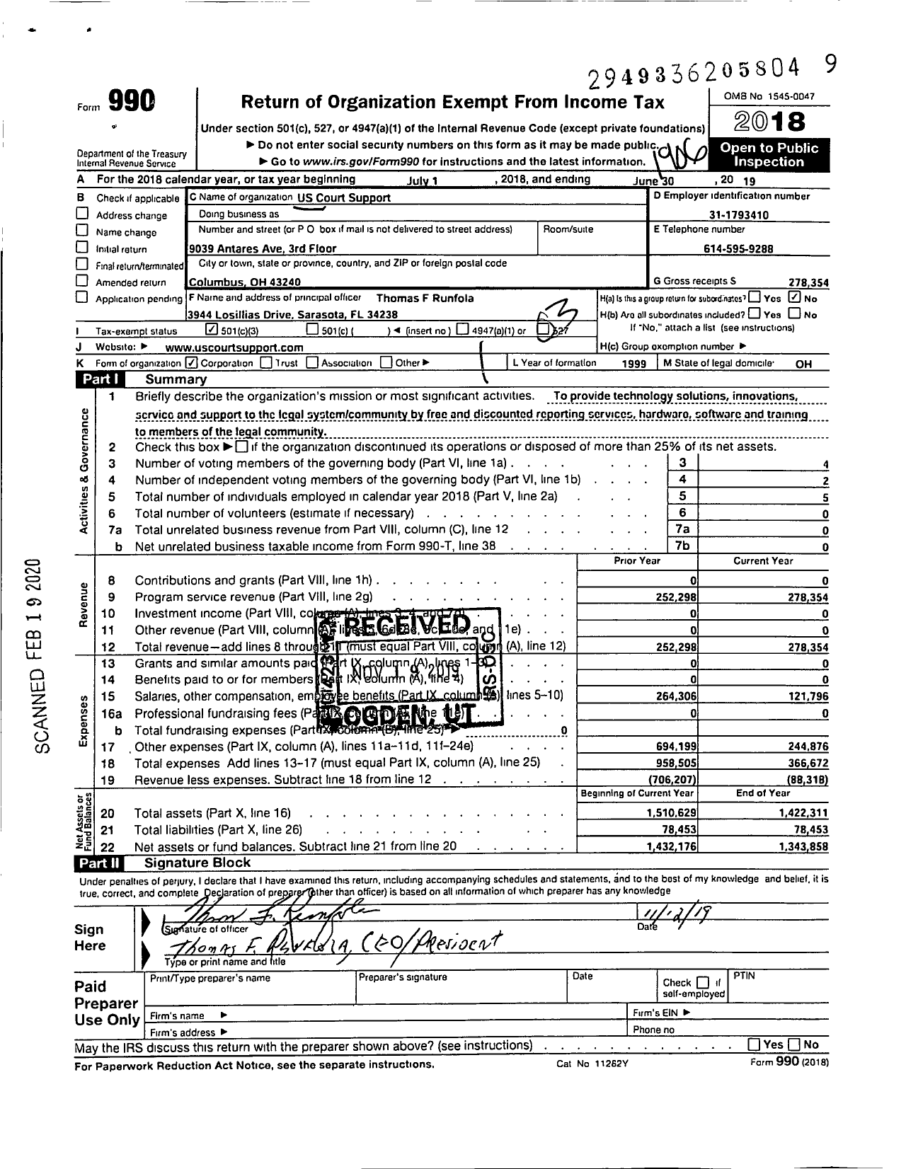 Image of first page of 2018 Form 990 for Us Court Support