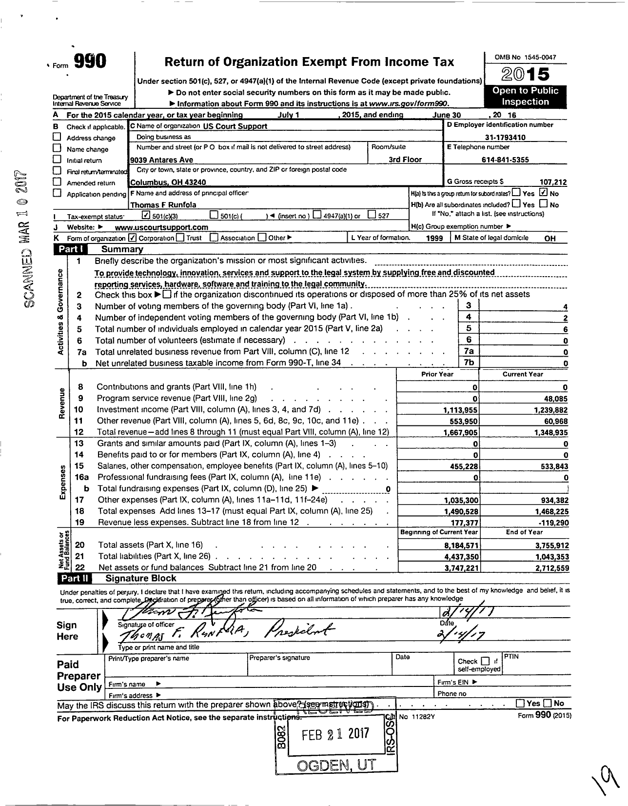 Image of first page of 2015 Form 990 for Us Court Support