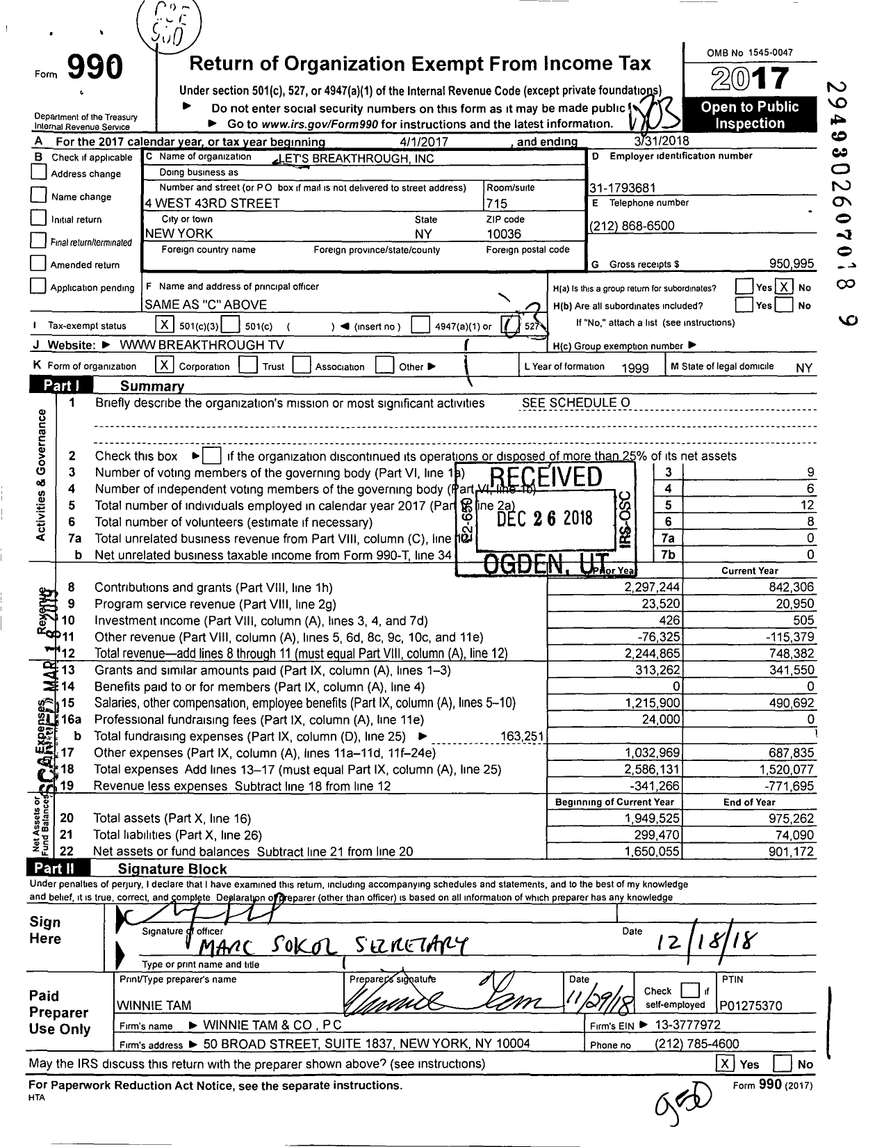 Image of first page of 2017 Form 990 for Breakthrough US