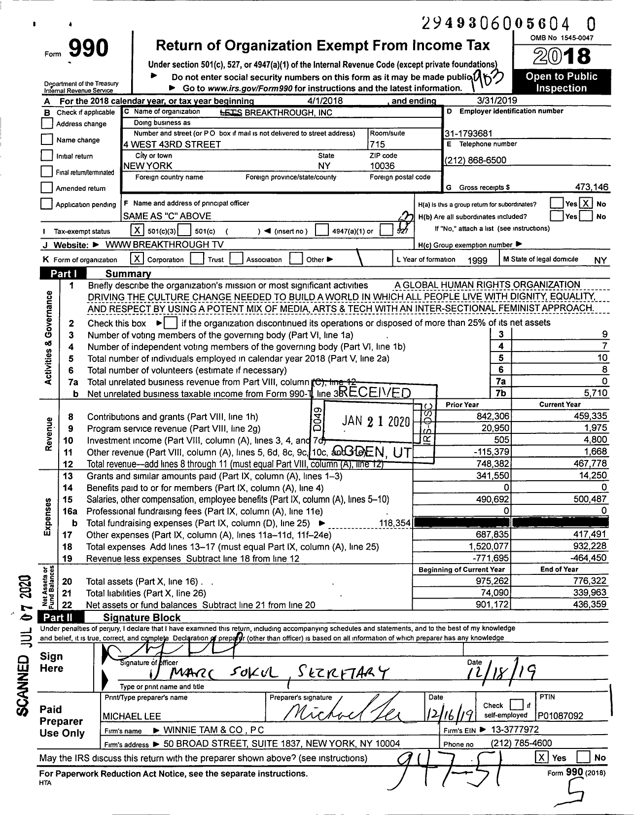 Image of first page of 2018 Form 990 for Breakthrough US