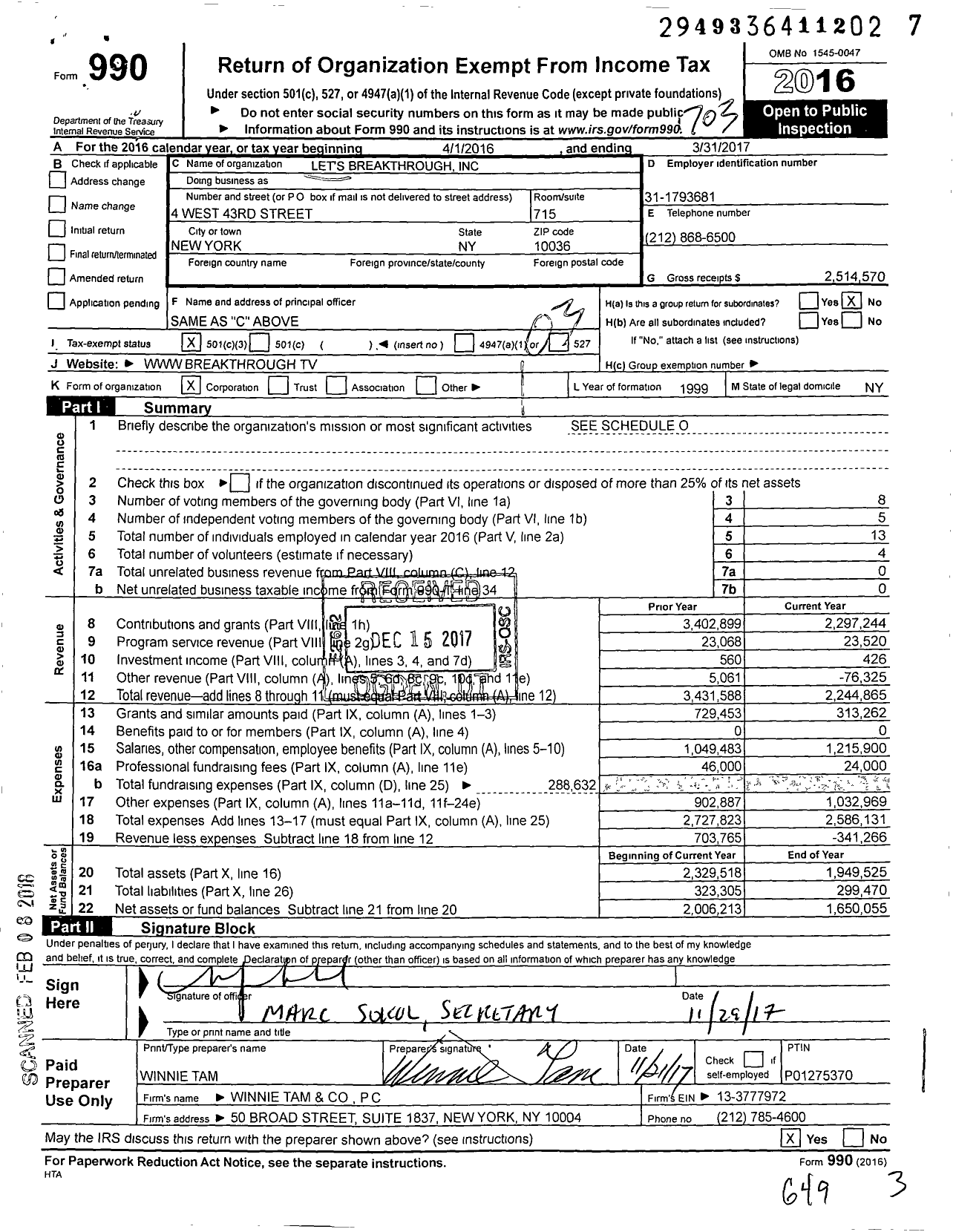Image of first page of 2016 Form 990 for Breakthrough US