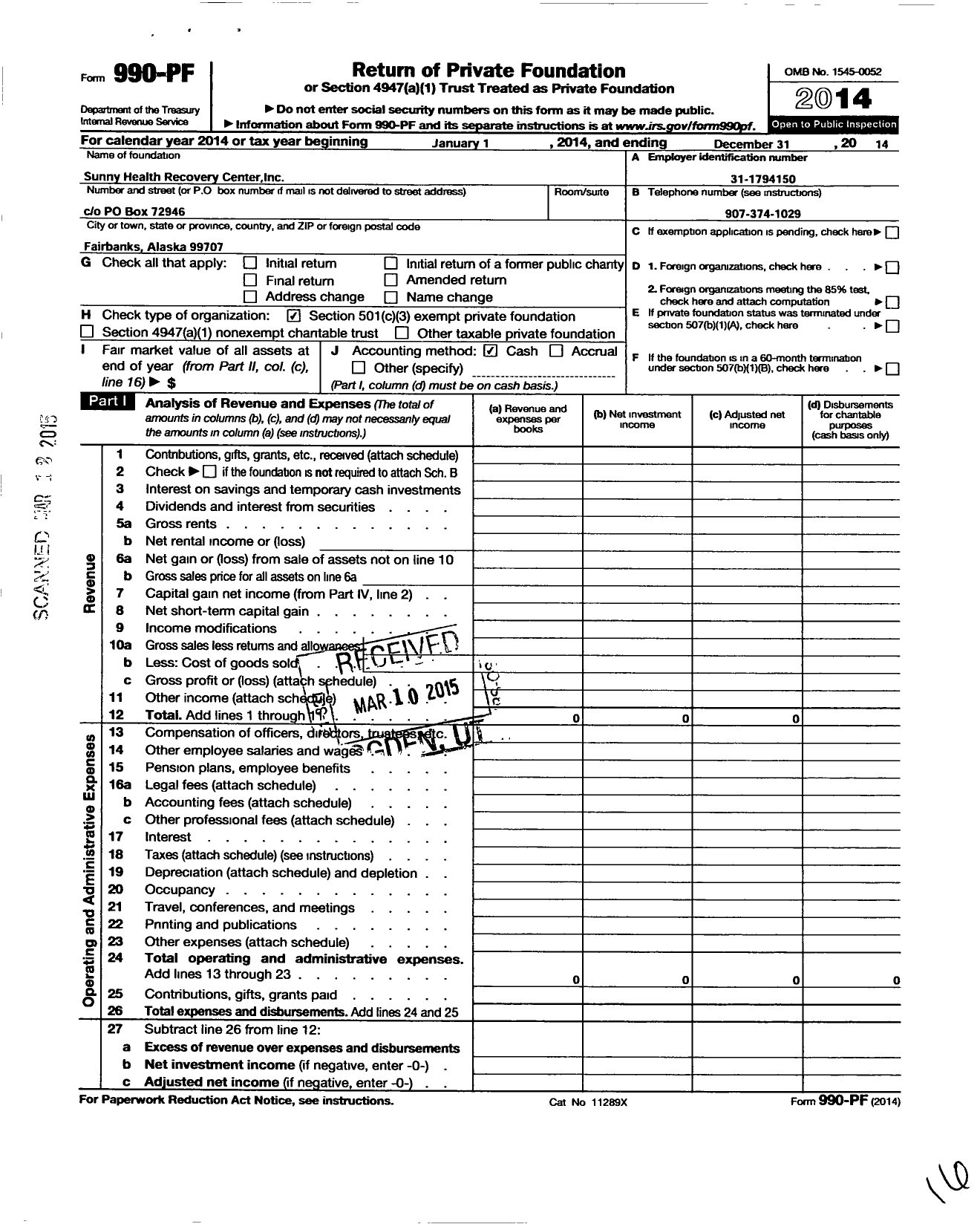 Image of first page of 2014 Form 990PF for Sunny Health Recovery Center