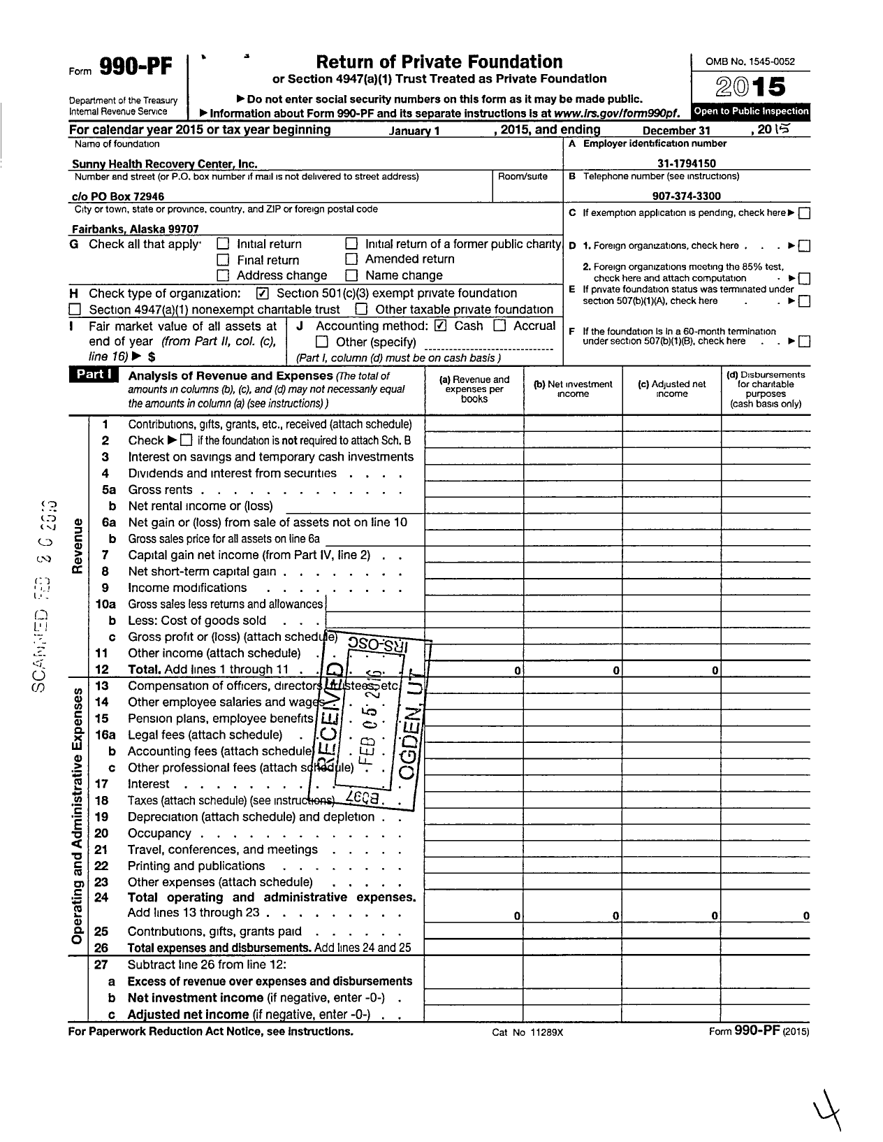 Image of first page of 2015 Form 990PF for Sunny Health Recovery Center