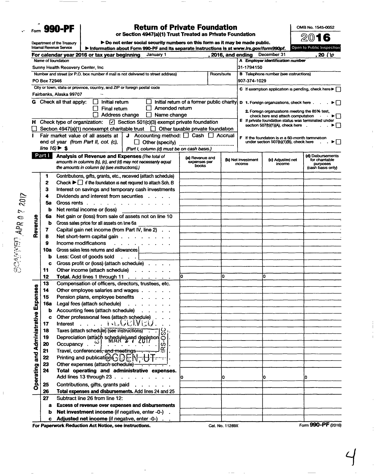 Image of first page of 2016 Form 990PF for Sunny Health Recovery Center