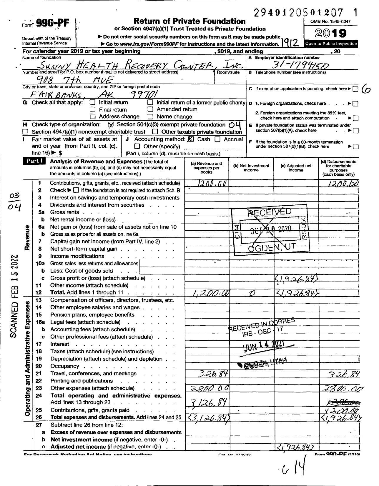 Image of first page of 2019 Form 990PF for Sunny Health Recovery Center