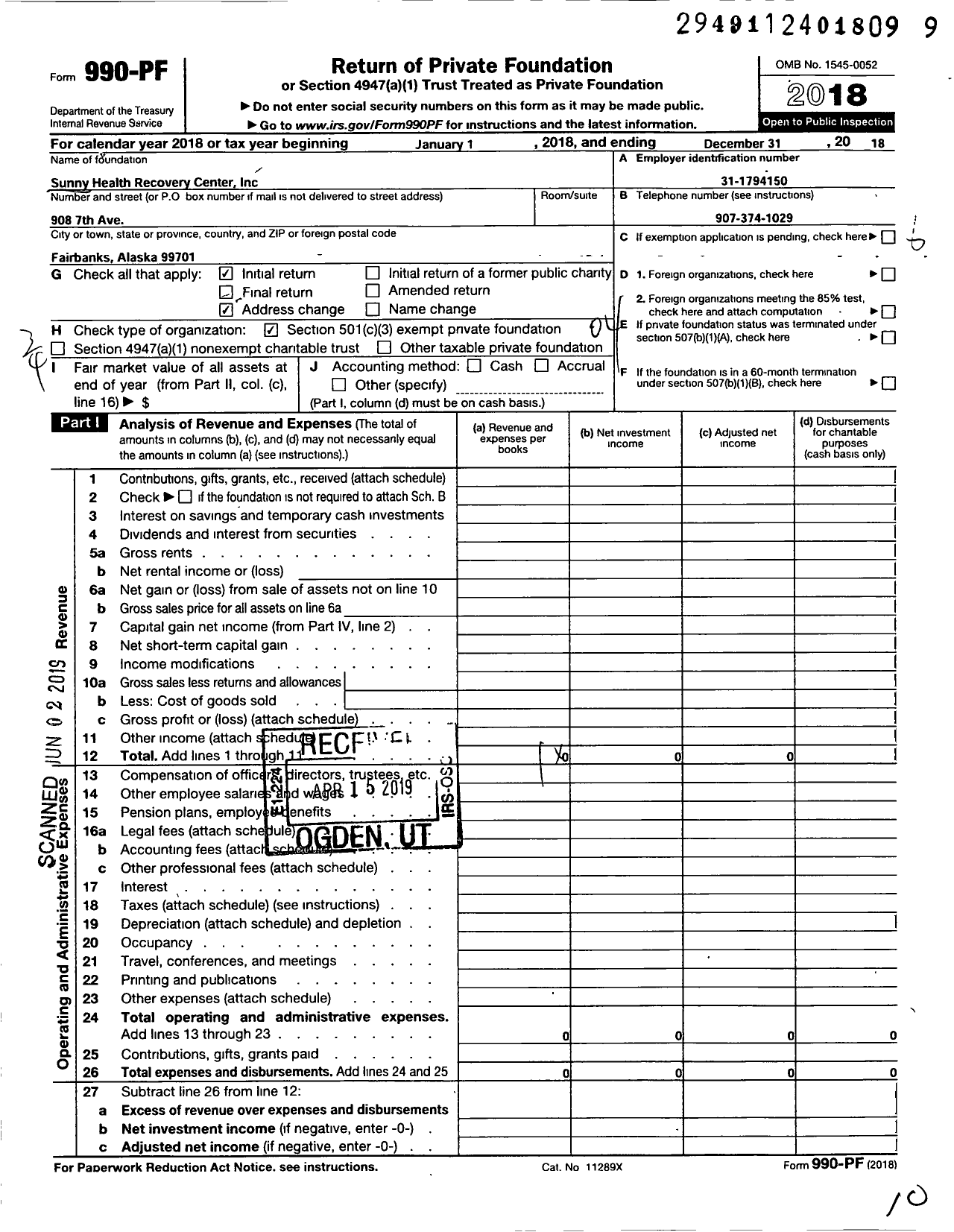 Image of first page of 2018 Form 990PF for Sunny Health Recovery Center