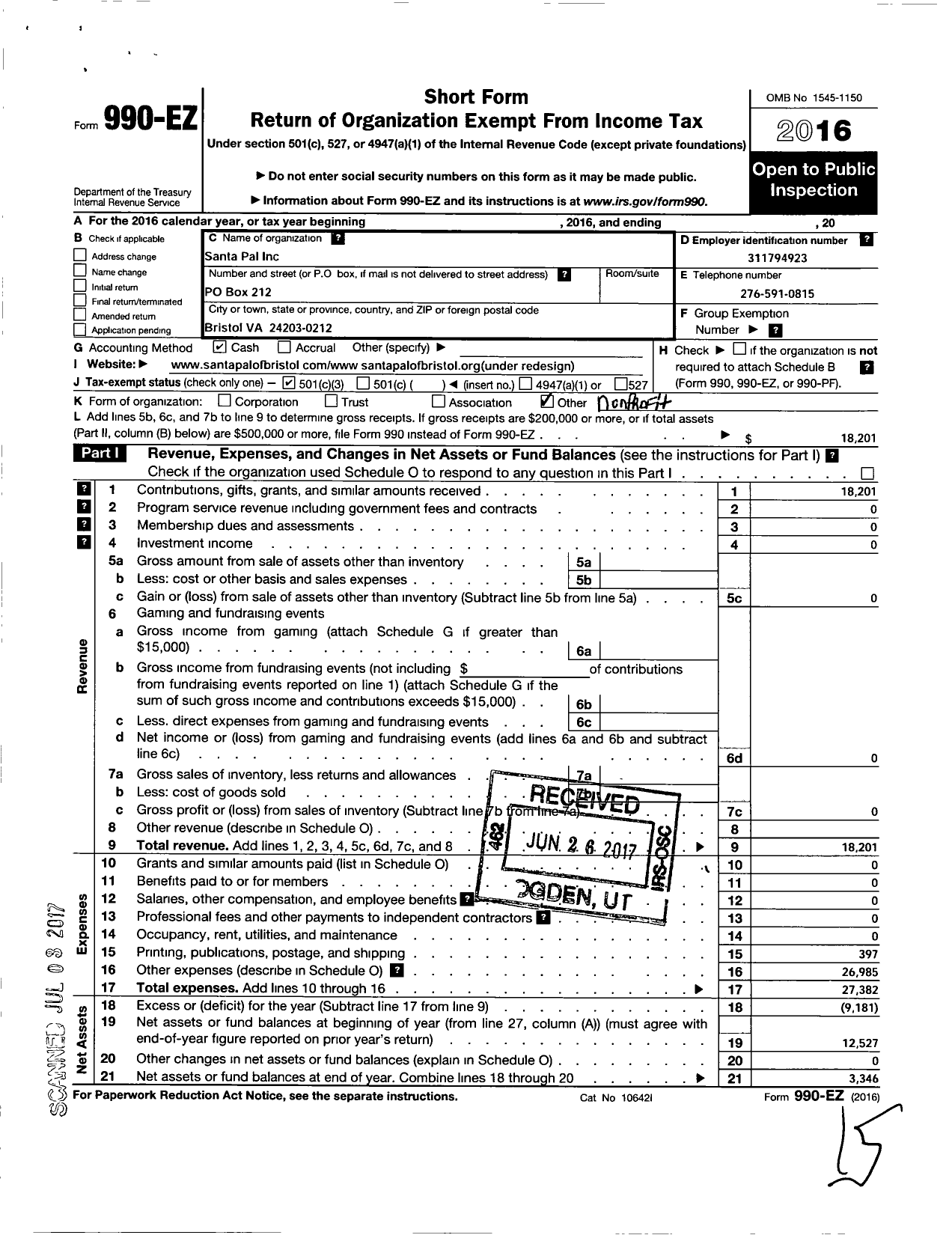 Image of first page of 2016 Form 990EZ for Santa Pal