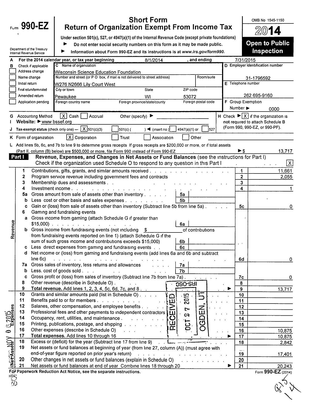 Image of first page of 2014 Form 990EZ for Wisconsin Science Education Foundation