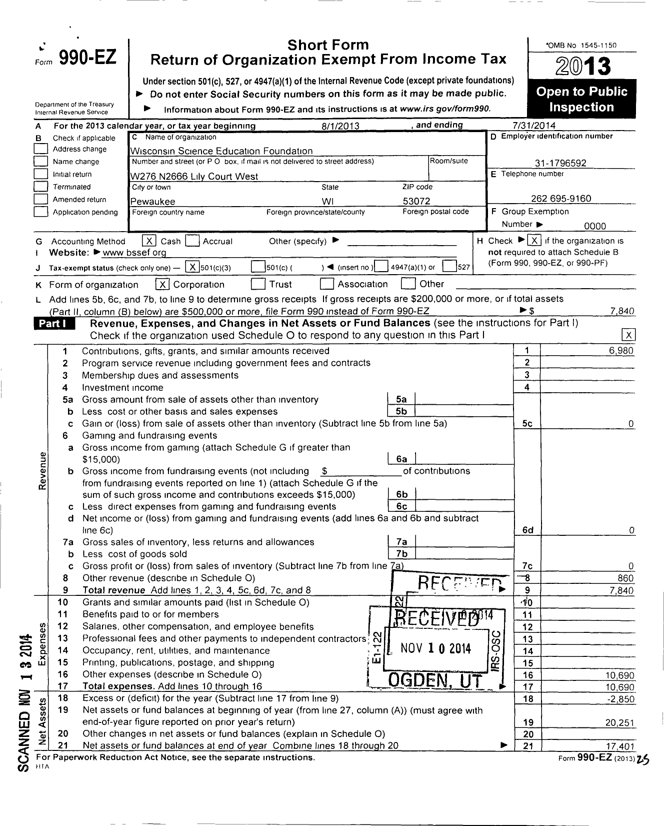 Image of first page of 2013 Form 990EZ for Wisconsin Science Education Foundation