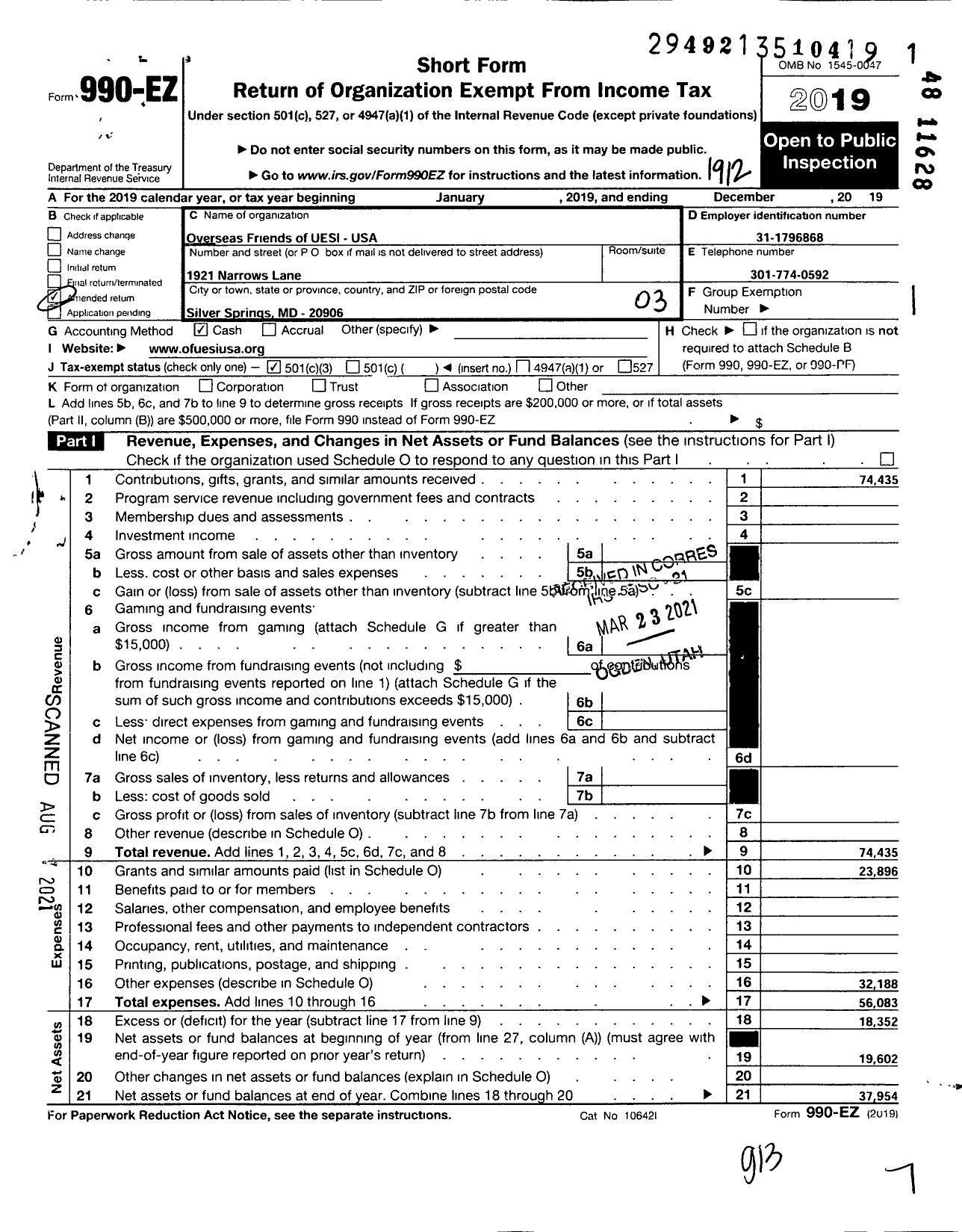 Image of first page of 2019 Form 990EZ for Overseas Friends of Uesi USA