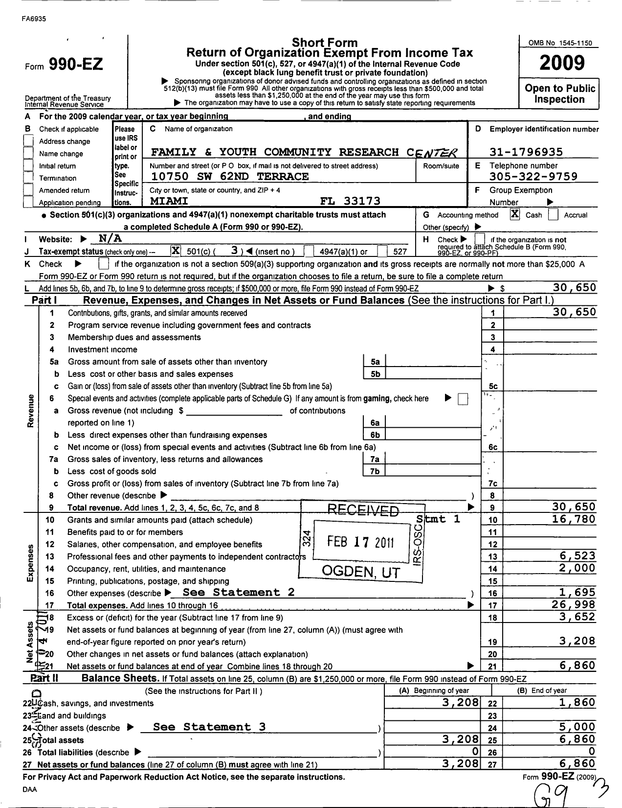 Image of first page of 2009 Form 990EZ for Family and Youth Community Research Center