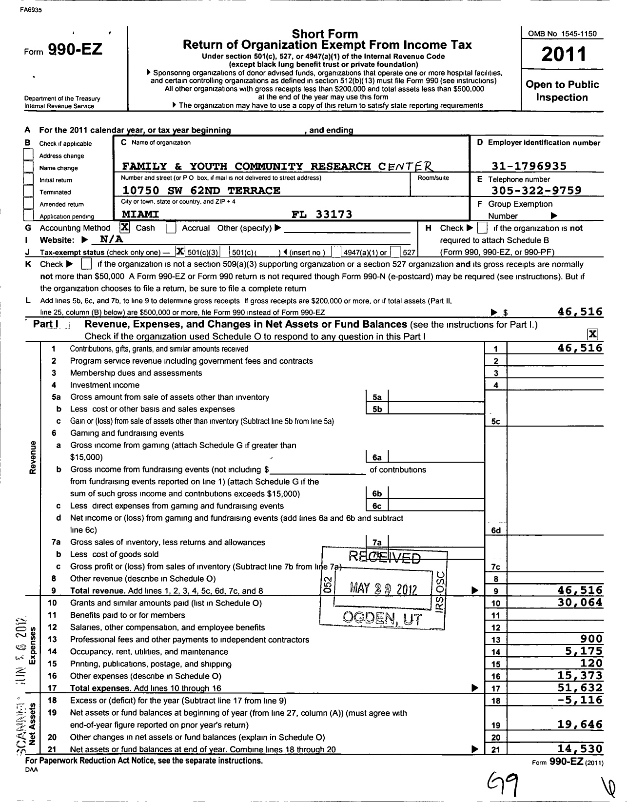 Image of first page of 2011 Form 990EZ for Family and Youth Community Research Center