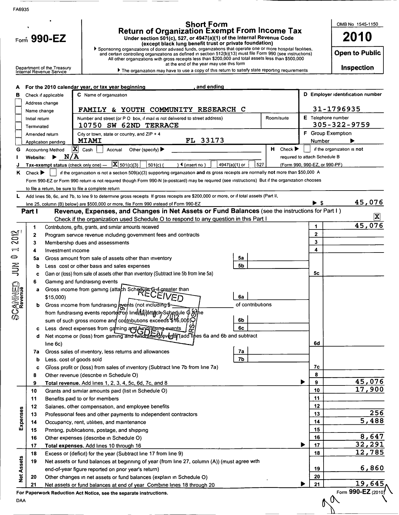 Image of first page of 2010 Form 990EZ for Family and Youth Community Research Center