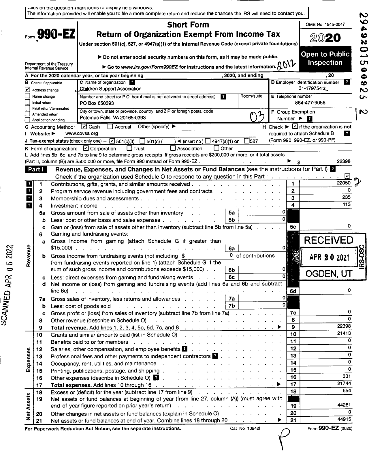 Image of first page of 2020 Form 990EZ for Childrens Support Association