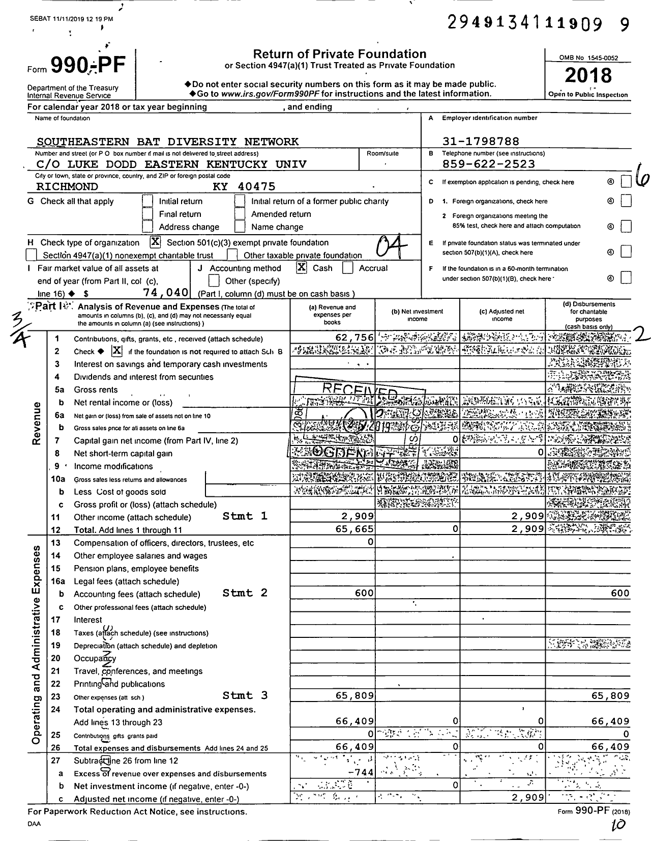 Image of first page of 2018 Form 990PF for Southeastern Bat Diversity Network