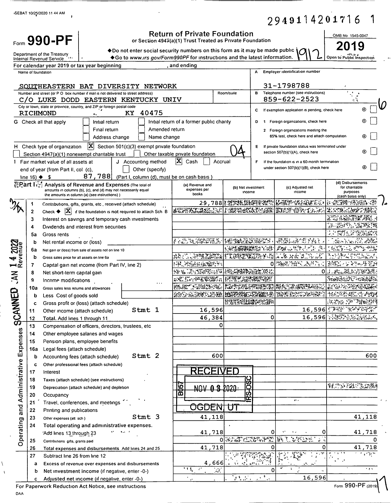 Image of first page of 2019 Form 990PF for Southeastern Bat Diversity Network