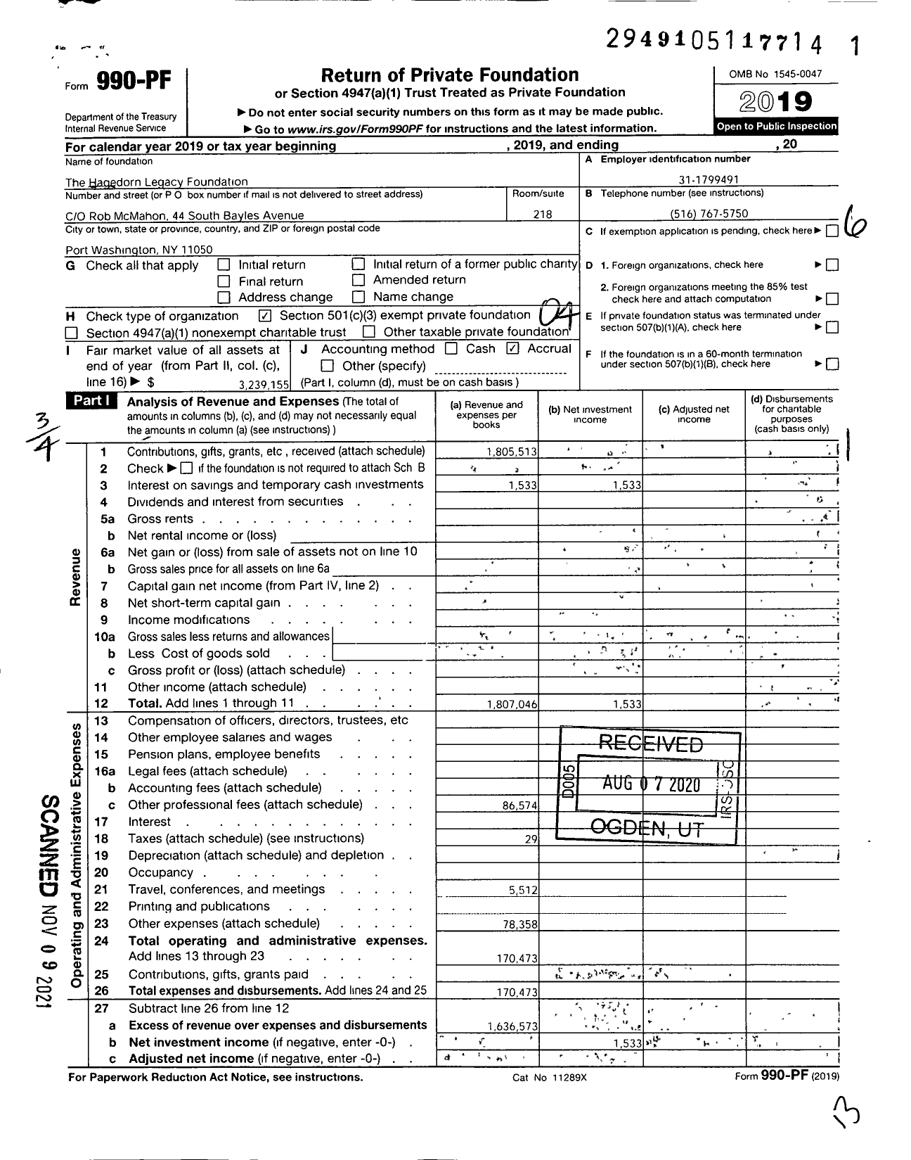 Image of first page of 2019 Form 990PF for The Hagedorn Legacy Foundation