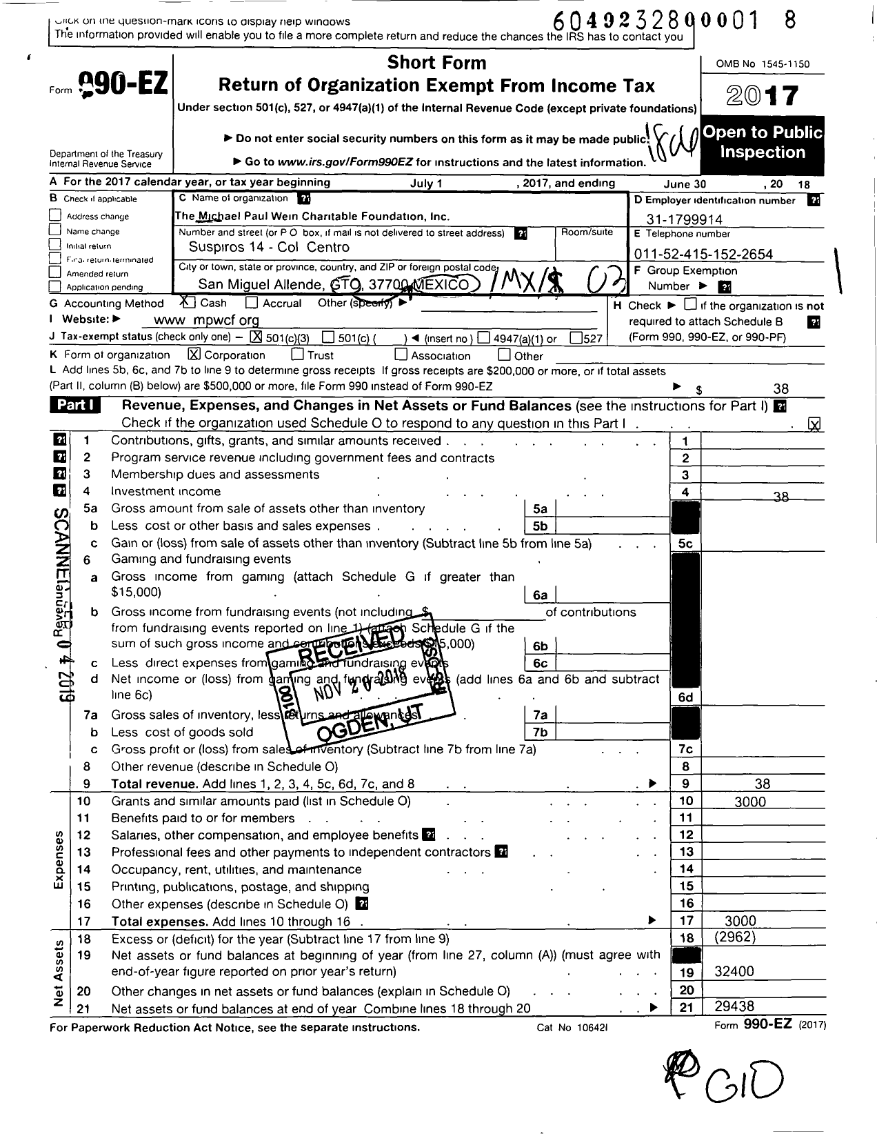 Image of first page of 2017 Form 990EZ for Michael Paul Wein Charitable Foundation