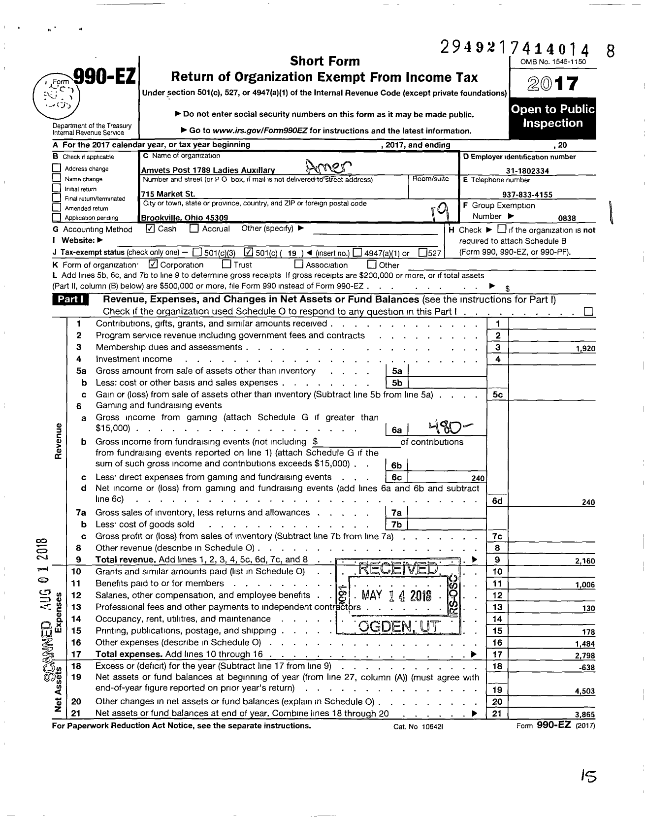 Image of first page of 2017 Form 990EO for Amvets - 1789