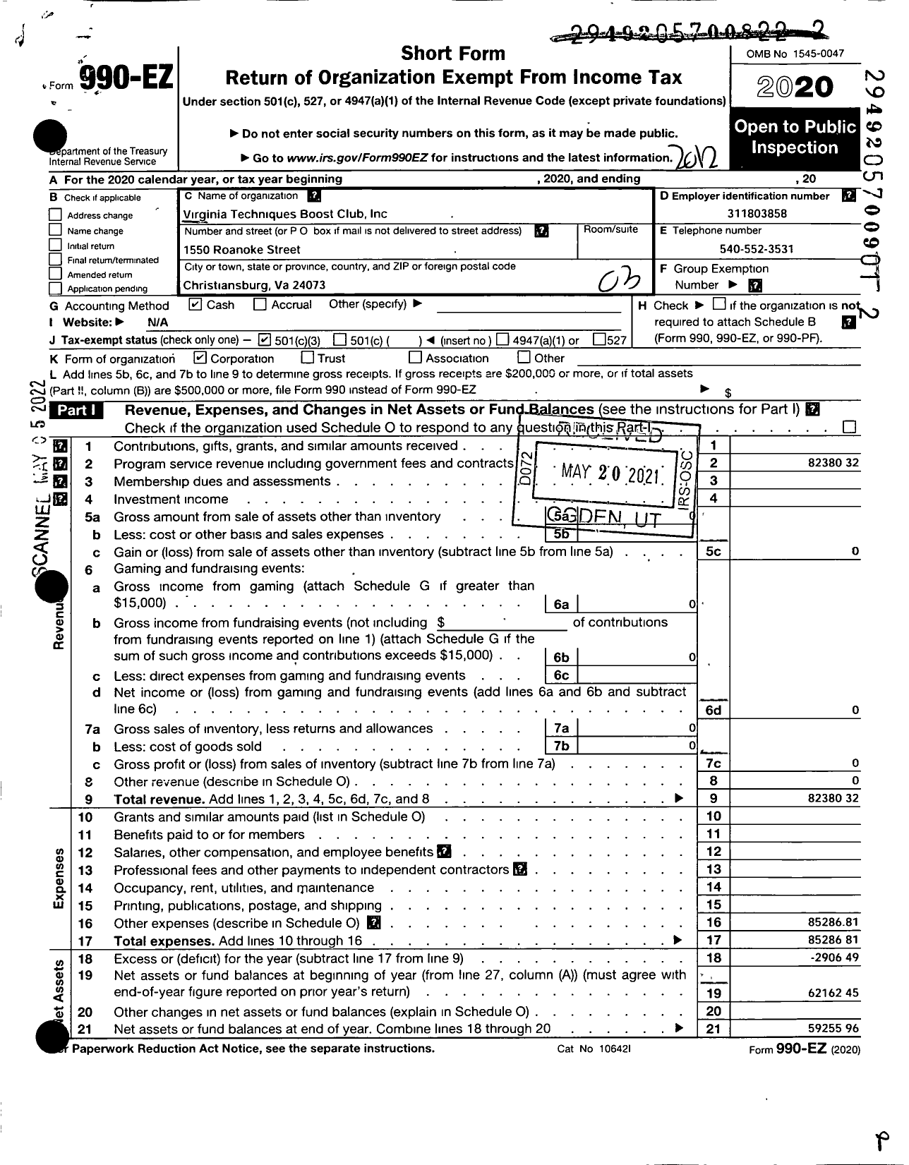 Image of first page of 2020 Form 990EZ for Virginia Techniques Booster Club