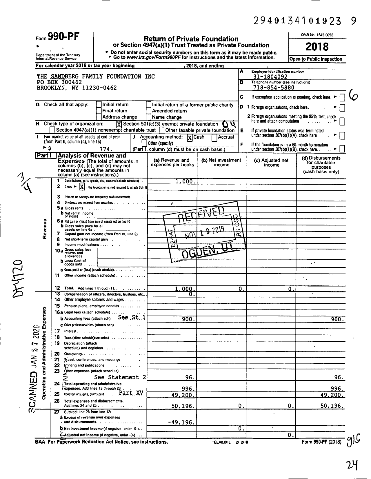 Image of first page of 2018 Form 990PF for Sandberg Family Foundation