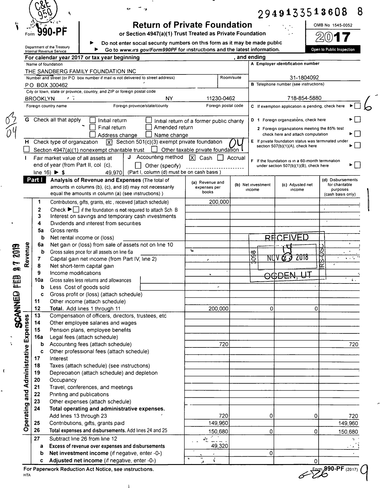 Image of first page of 2017 Form 990PF for Sandberg Family Foundation