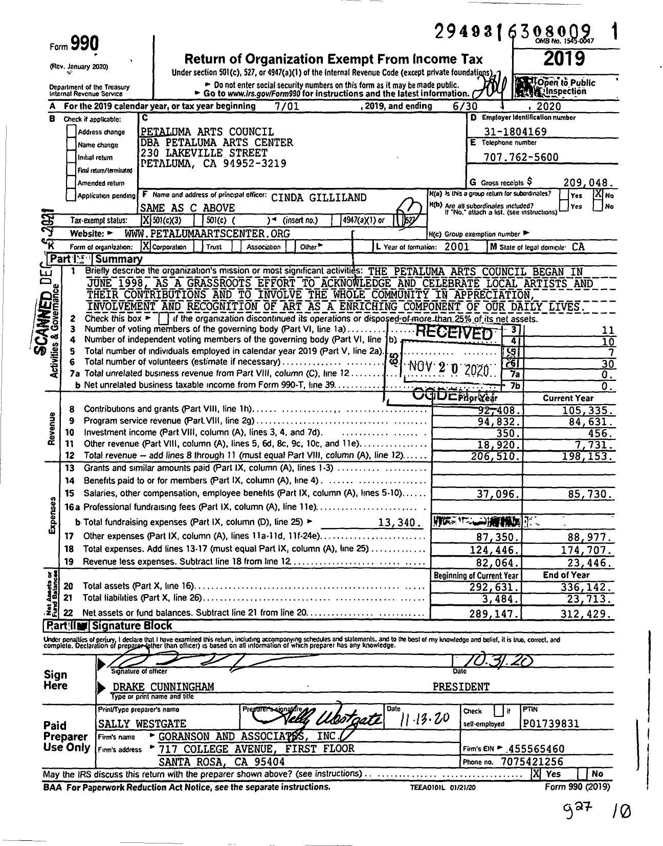 Image of first page of 2019 Form 990 for Petaluma ARTS CENTER