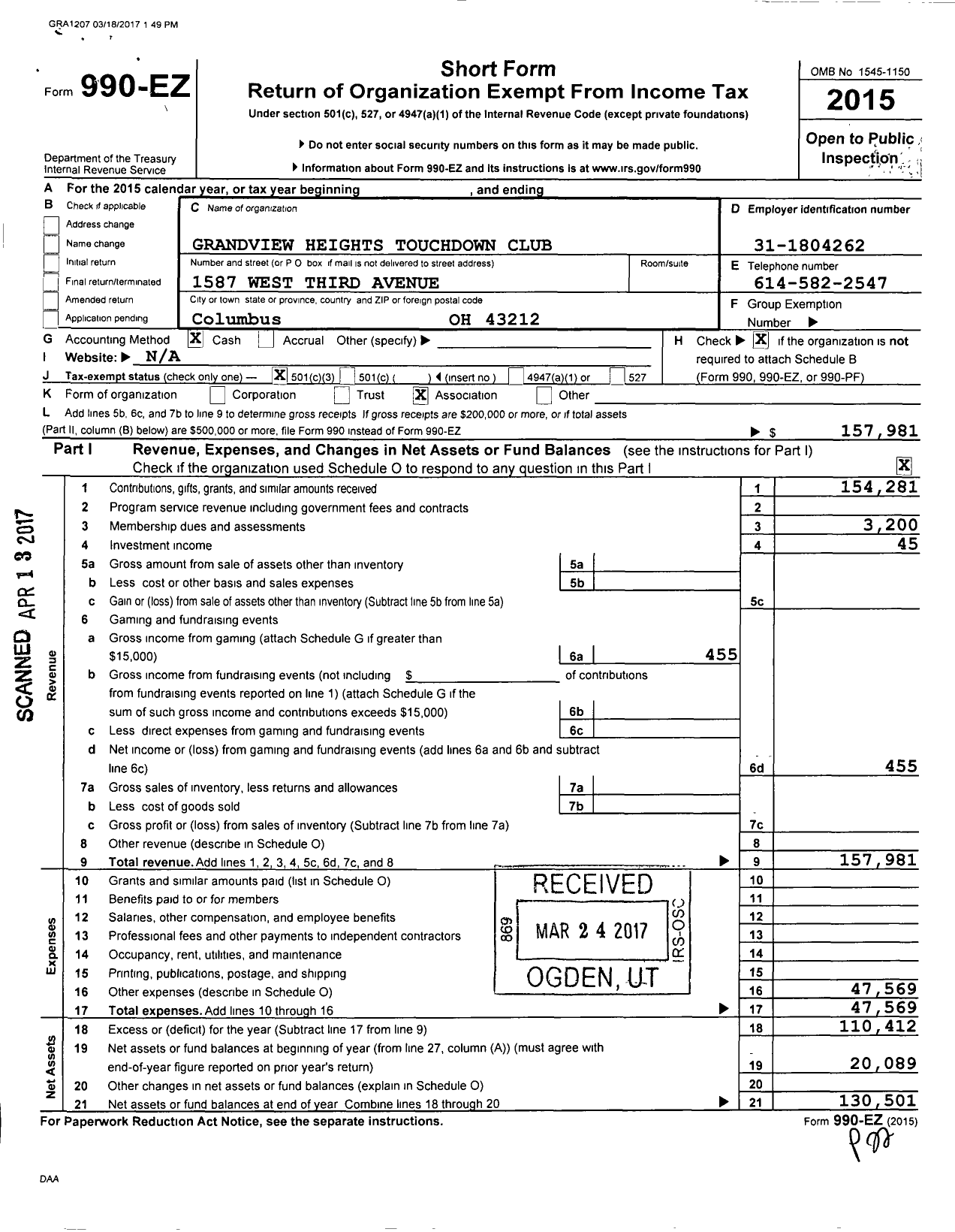 Image of first page of 2015 Form 990EZ for Grandview Heights Touchdown Club