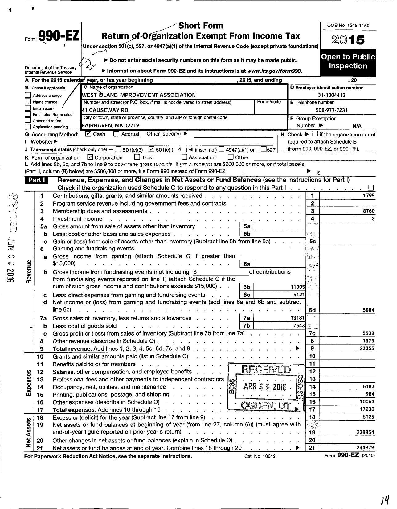 Image of first page of 2015 Form 990EO for West Island Improvement Association