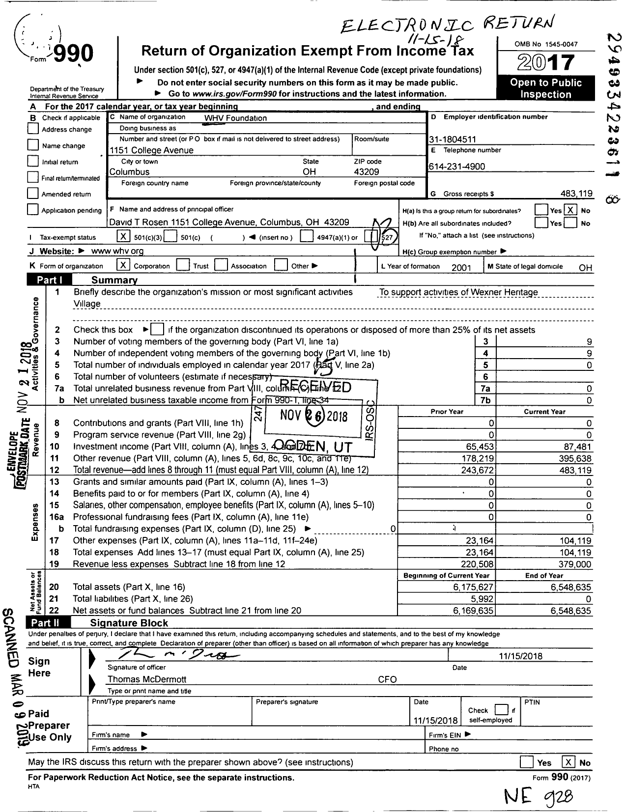 Image of first page of 2017 Form 990 for WHV Foundation