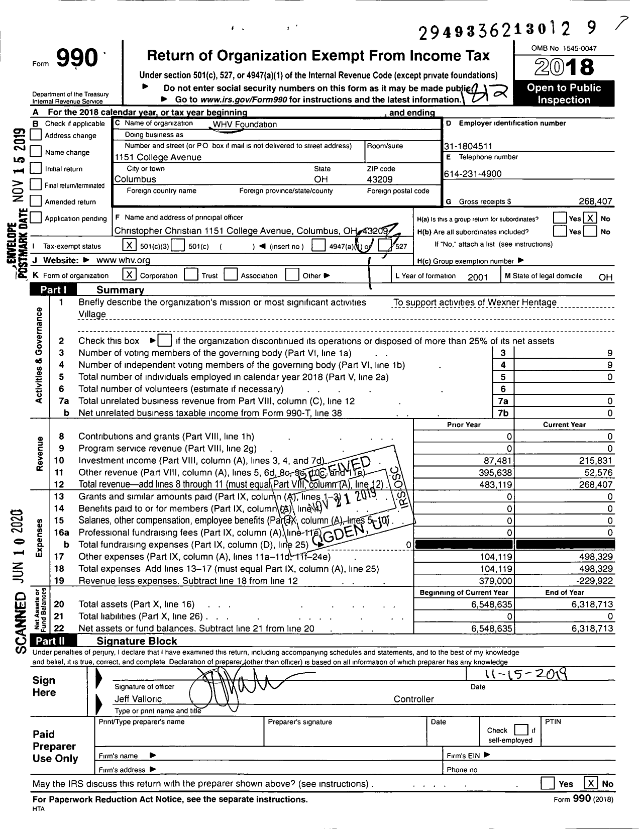 Image of first page of 2018 Form 990 for WHV Foundation