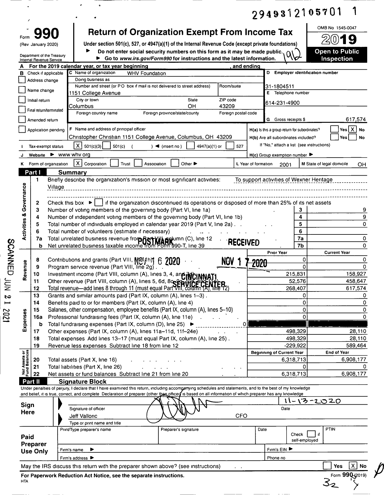 Image of first page of 2019 Form 990 for WHV Foundation