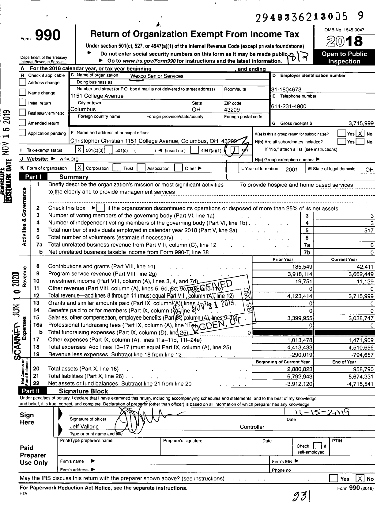 Image of first page of 2018 Form 990 for Wexco Senior Services