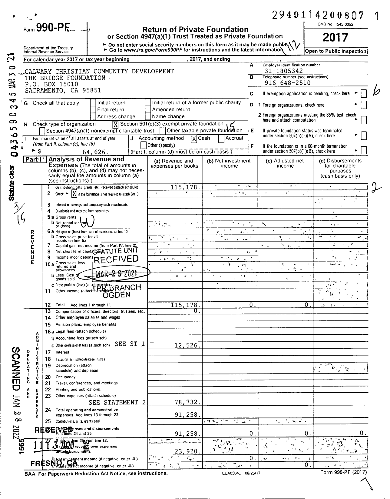 Image of first page of 2017 Form 990PF for Calvary Christian Community Development