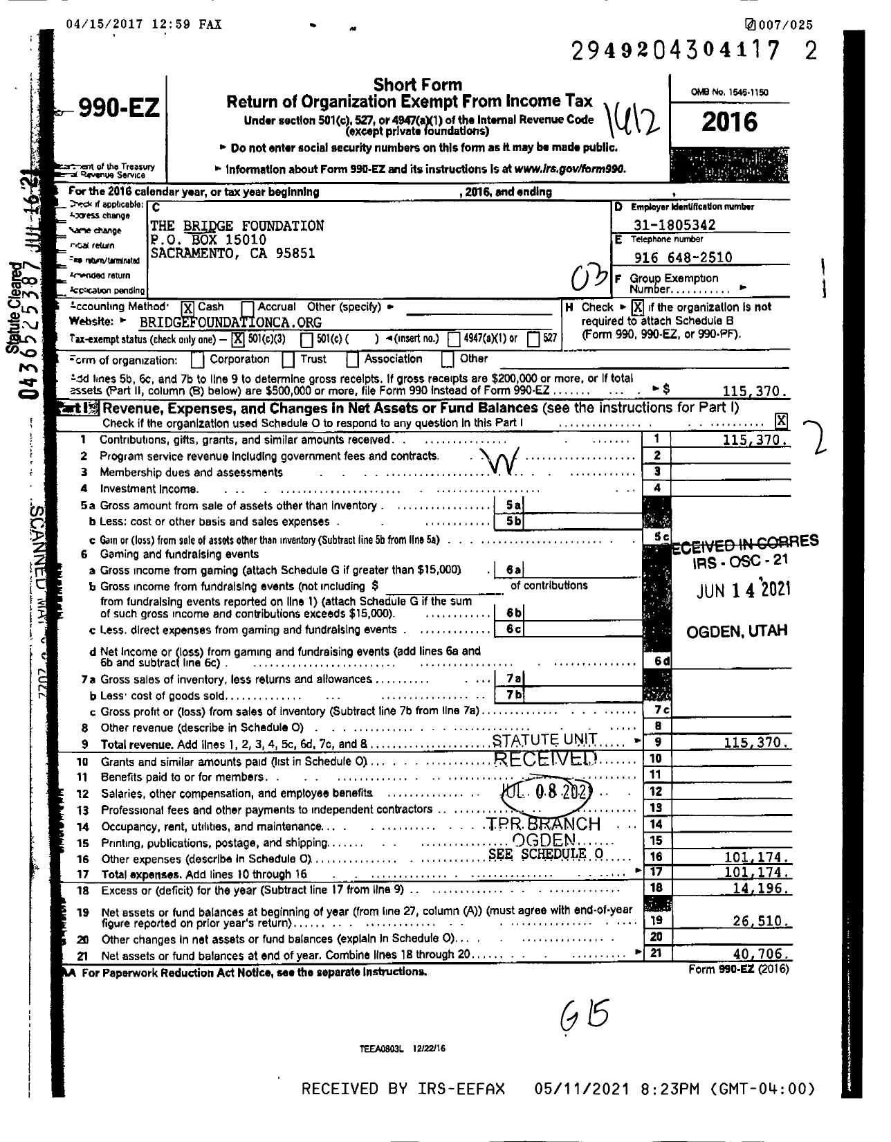 Image of first page of 2016 Form 990EZ for Calvary Christian Community Development