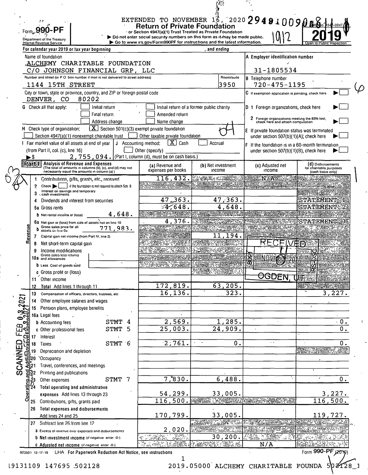 Image of first page of 2019 Form 990PF for Alchemy Charitable Foundation