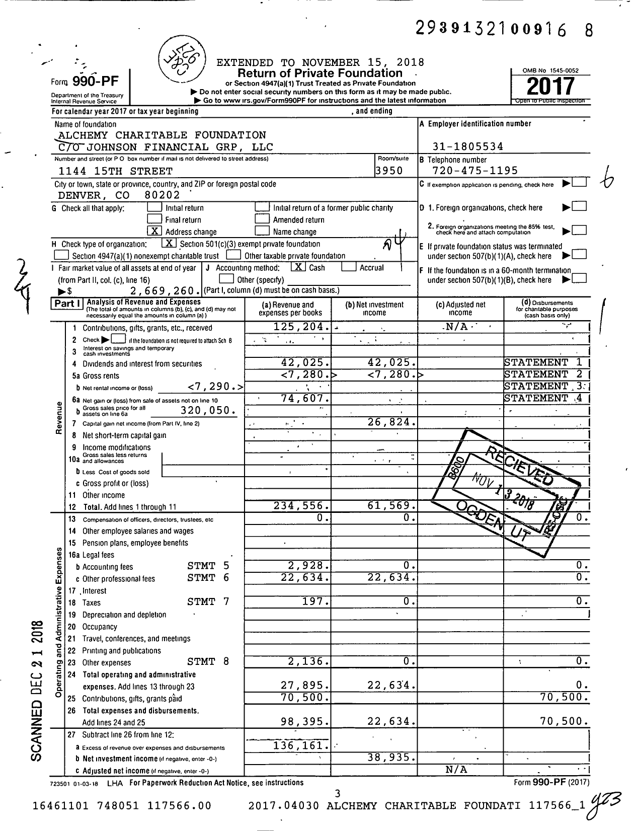 Image of first page of 2017 Form 990PF for Alchemy Charitable Foundation