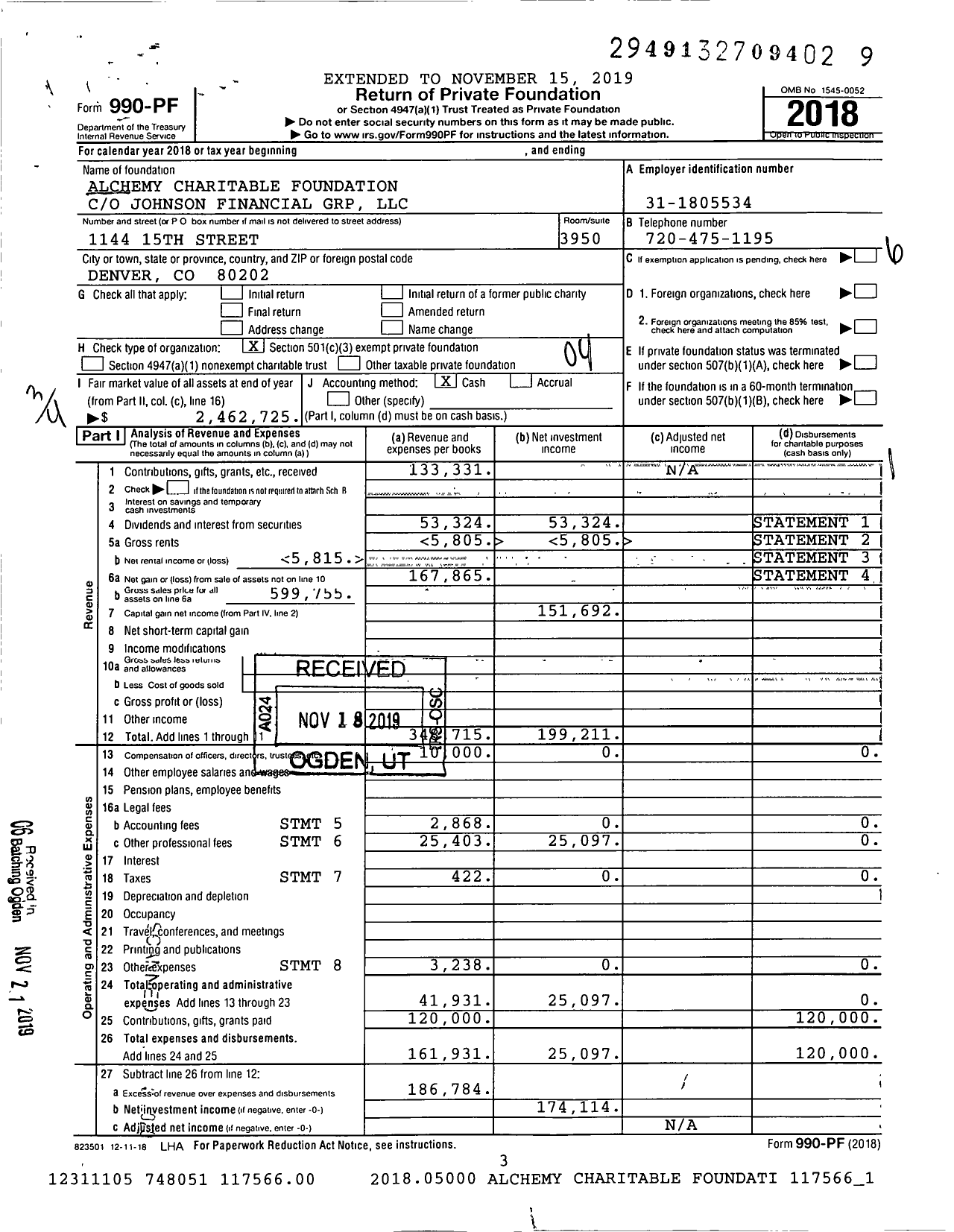 Image of first page of 2018 Form 990PF for Alchemy Charitable Foundation