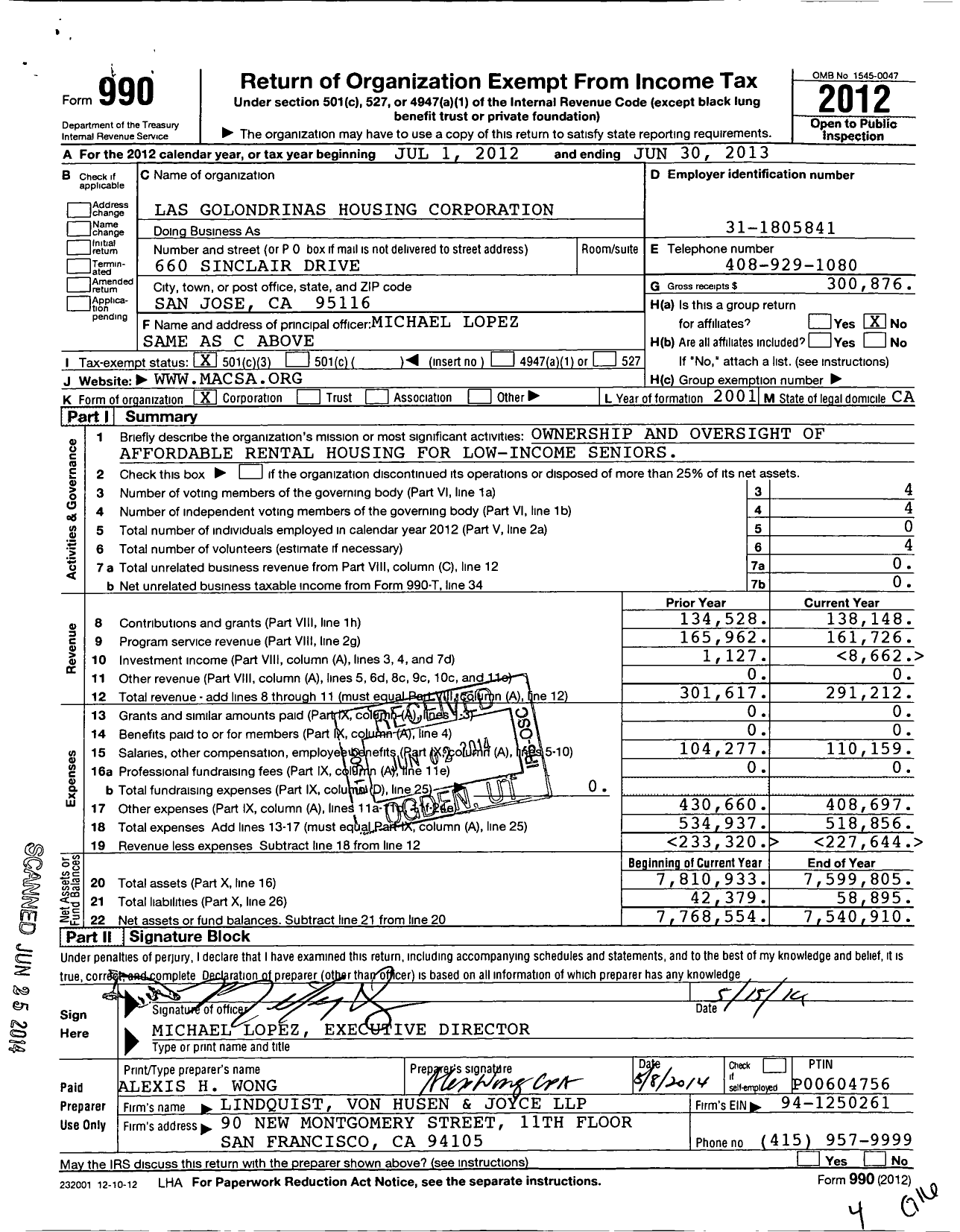 Image of first page of 2012 Form 990 for Las Golondrinas Housing Corporation