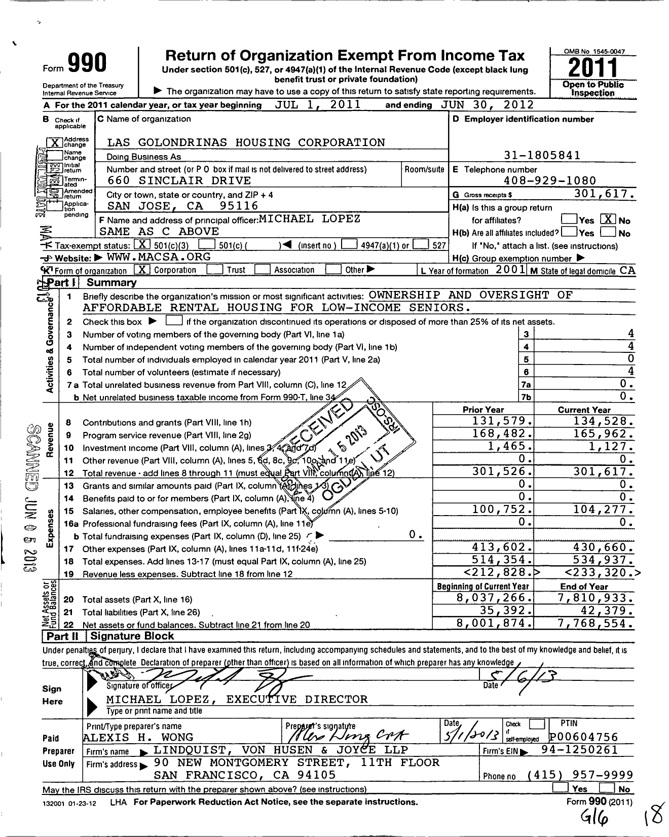 Image of first page of 2011 Form 990 for Las Golondrinas Housing Corporation