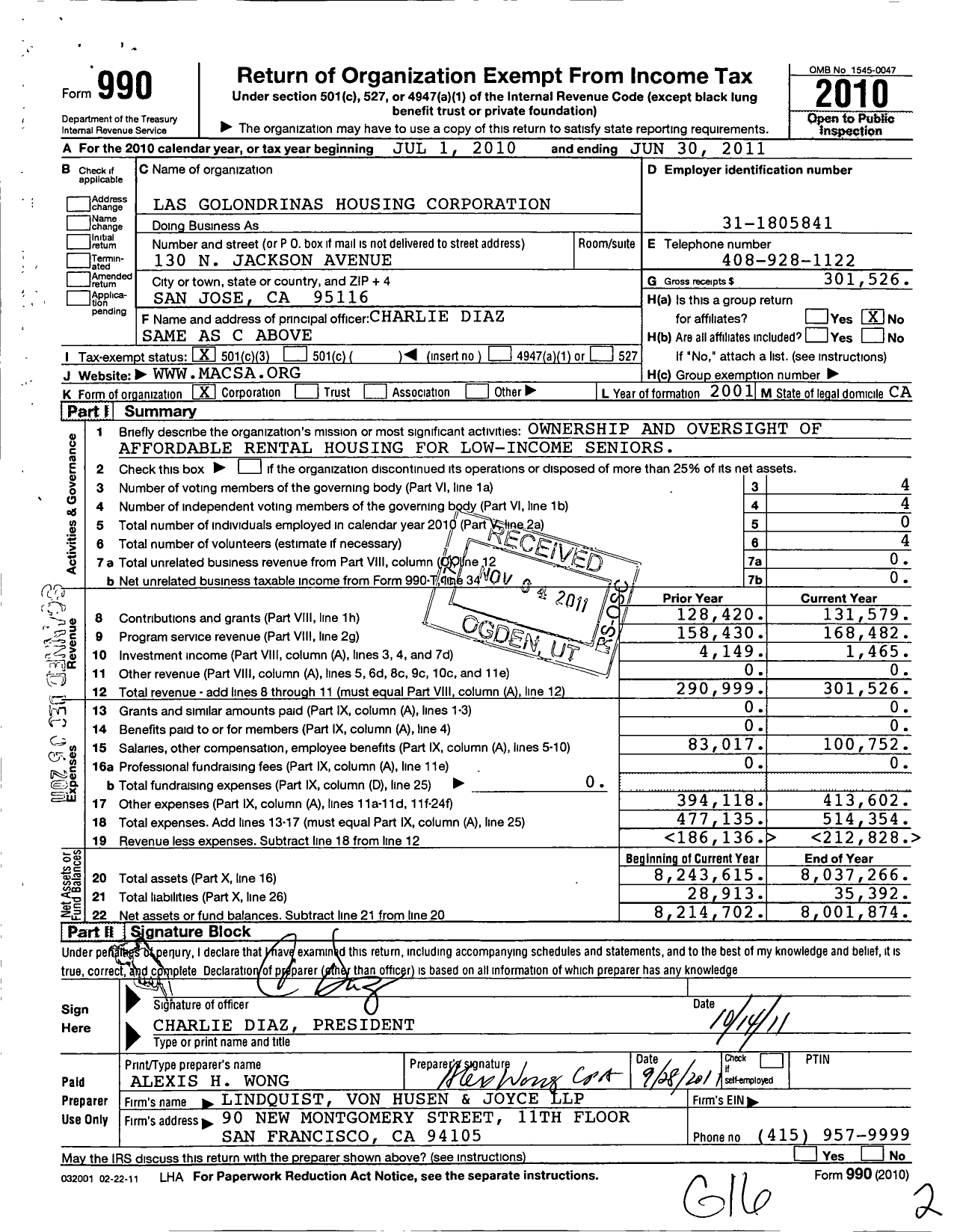 Image of first page of 2010 Form 990 for Las Golondrinas Housing Corporation