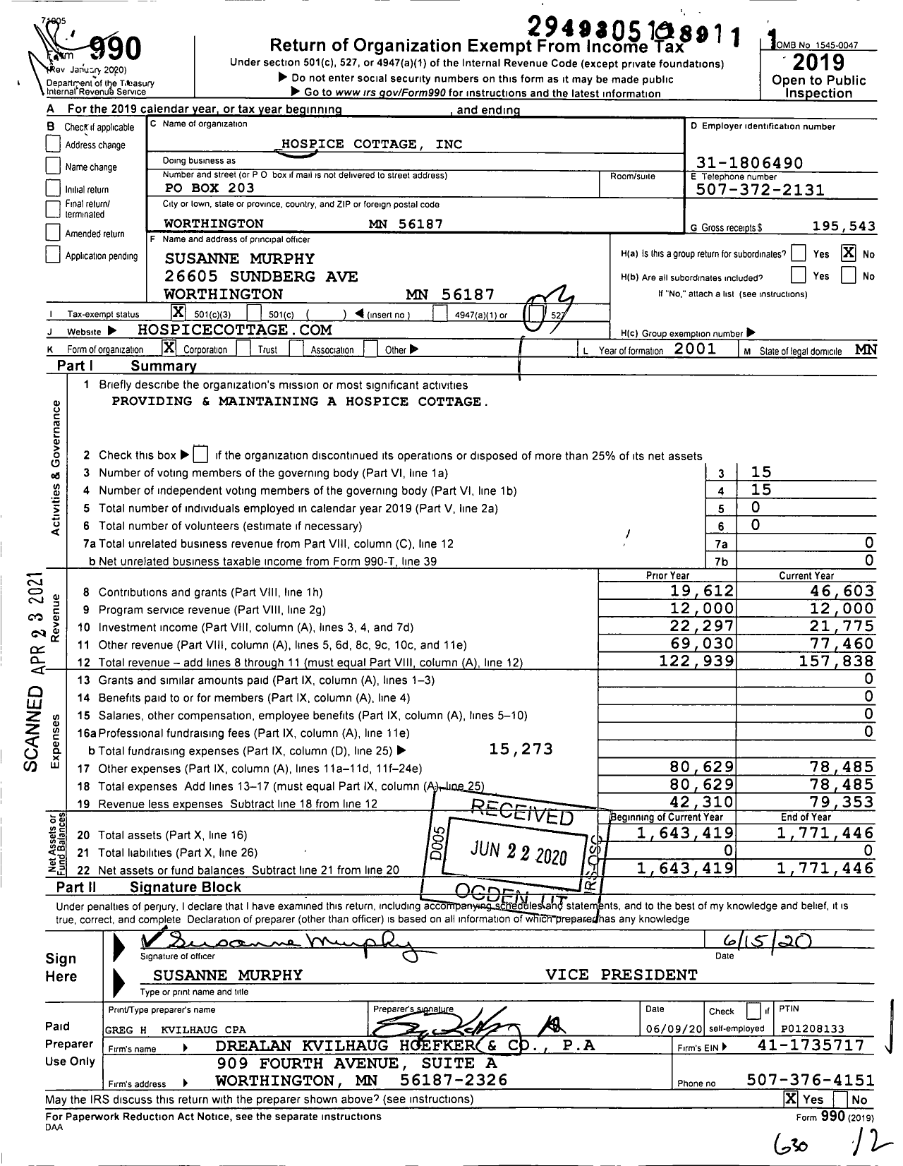 Image of first page of 2019 Form 990 for Hospice Cottage