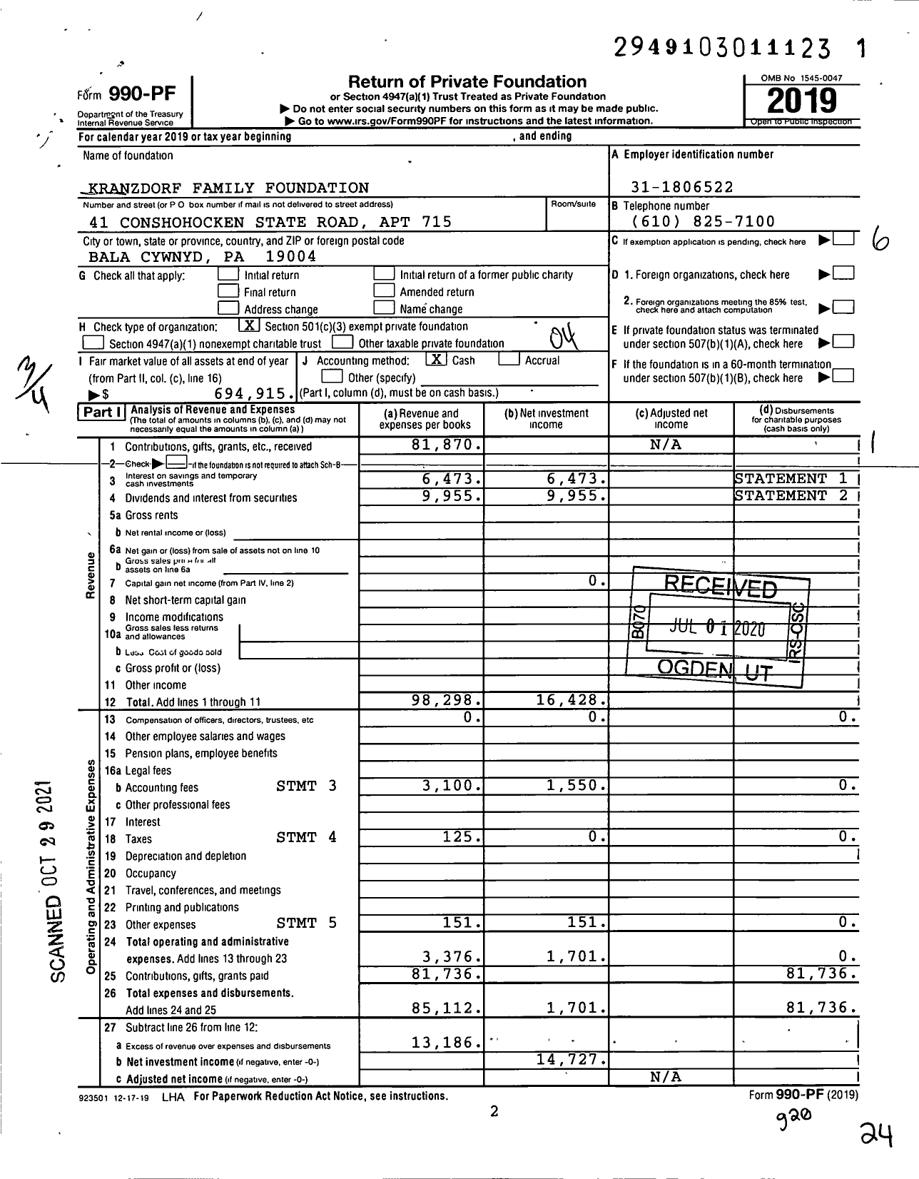 Image of first page of 2019 Form 990PF for Kranzdorf Family Foundation