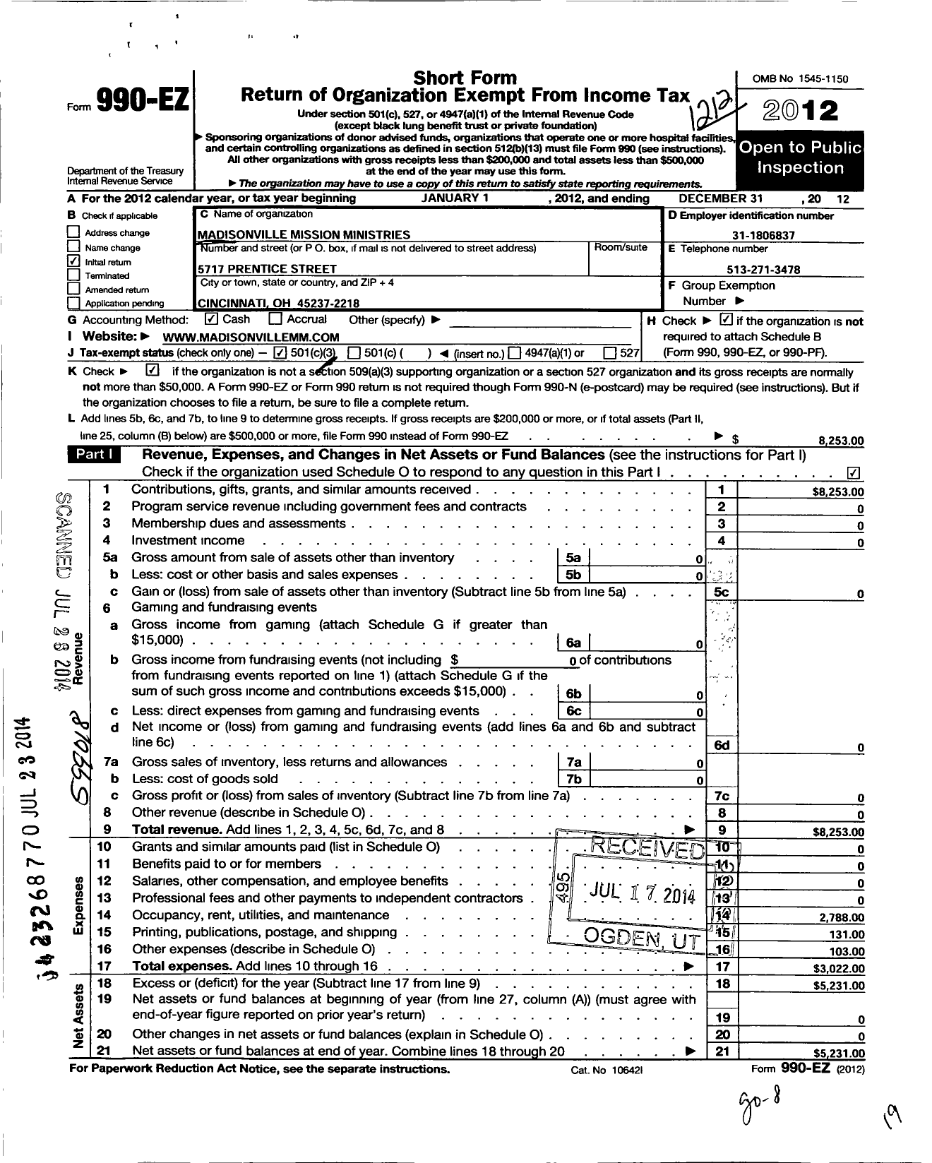 Image of first page of 2012 Form 990EZ for Madisonville Mission Ministries