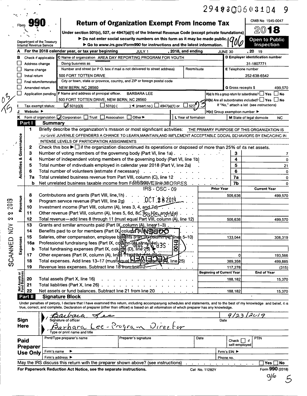 Image of first page of 2018 Form 990 for Area Day Reporting Program For Youth