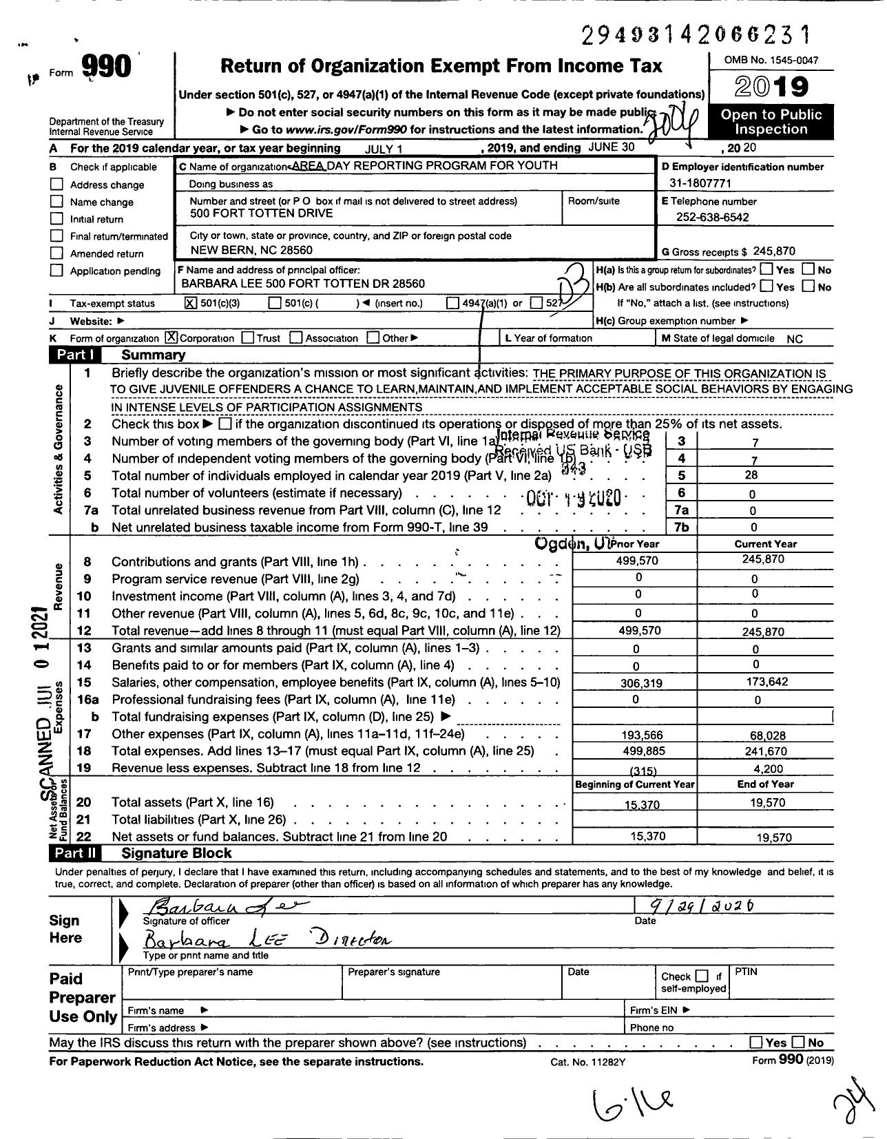 Image of first page of 2019 Form 990 for Area Day Reporting Program For Youth