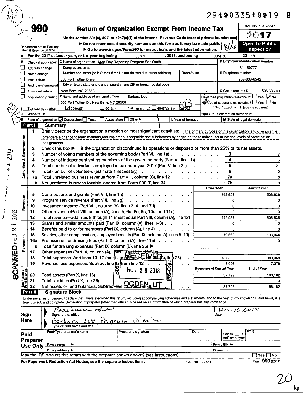 Image of first page of 2017 Form 990 for Area Day Reporting Program For Youth