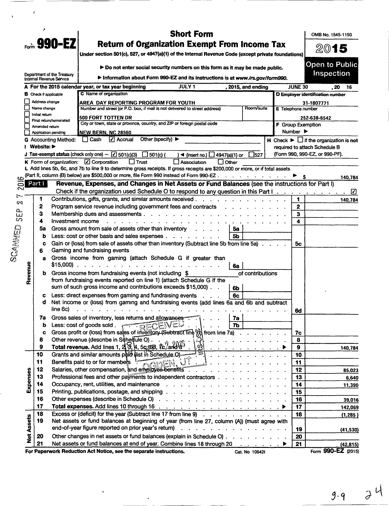 Image of first page of 2015 Form 990EZ for Area Day Reporting Program For Youth